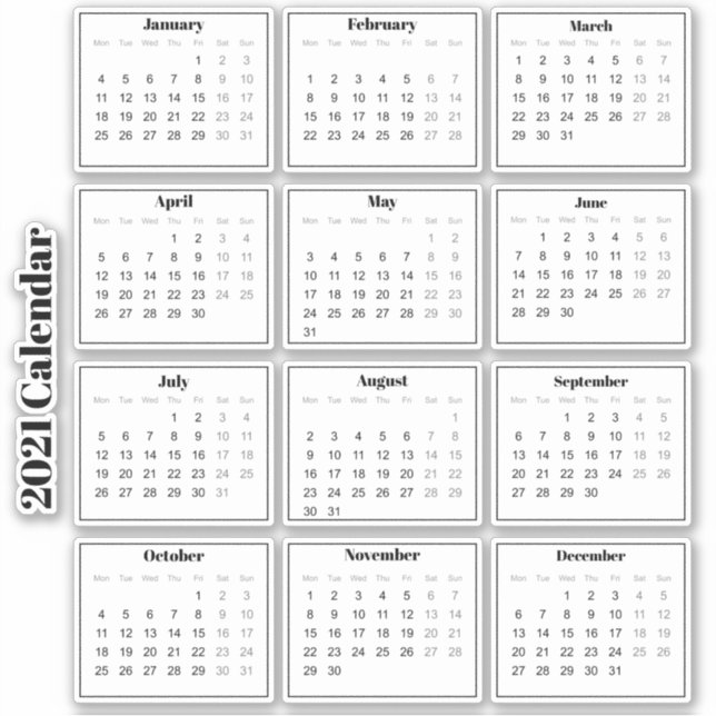 Modern Black and White Mini 2021 Planner Calendar Sticker (Front)