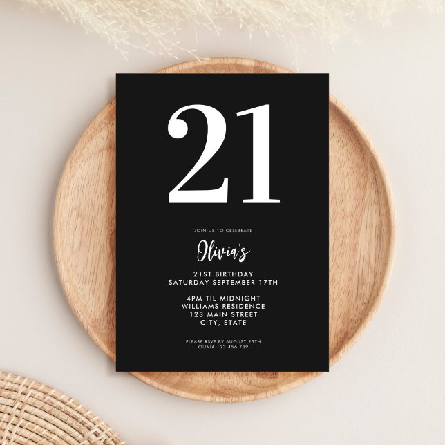 Modern Black and White Minimal 21st Birthday Invitation (Creator Uploaded)