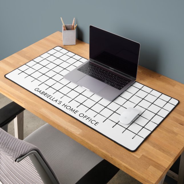 Modern Black And White Minimal Grid Business Name Desk Mat (Office 2)