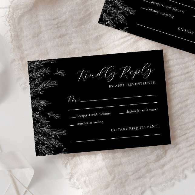 Modern Black And White Minimal Leaves Wedding RSVP Card (Creator Uploaded)