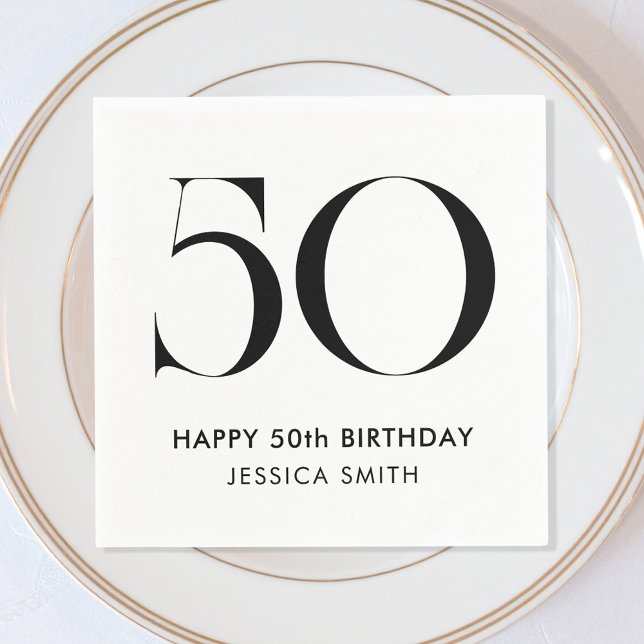 Modern Black and White Minimalist 50th Birthday Napkins (Creator Uploaded)