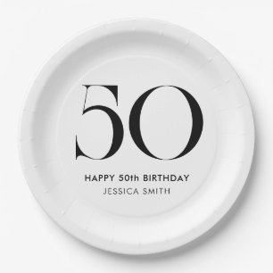 Modern Black and White Minimalist 50th Birthday Paper Plates