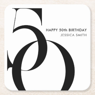Modern Black and White Minimalist 50th Birthday Square Paper Coaster