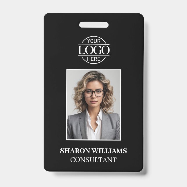 Modern Black and White Minimalist Employee Photo Badge (Front)