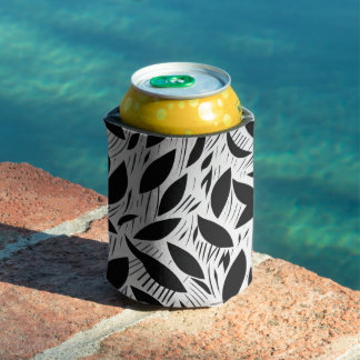 Modern Black and White Minimalist Leaf Pattern Can Cooler