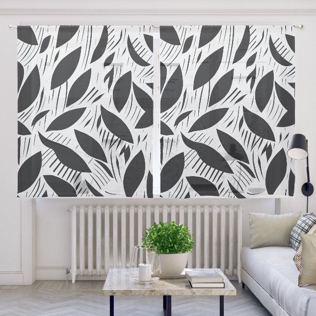 Modern Black and White Minimalist Leaf Pattern Sheer Curtains (Living Room)