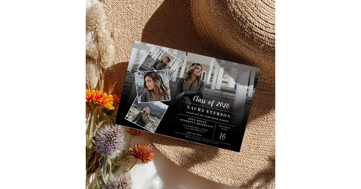 Modern black and white minimalist photo graduation invitation | Zazzle