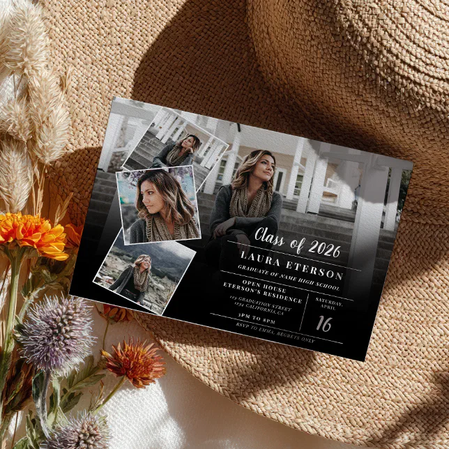 Modern black and white minimalist photo graduation invitation | Zazzle