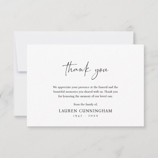 Modern Black and White Minimalist Simple Funeral Thank You Card | Zazzle