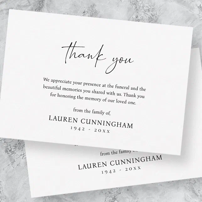 Modern Black and White Minimalist Simple Funeral Thank You Card | Zazzle