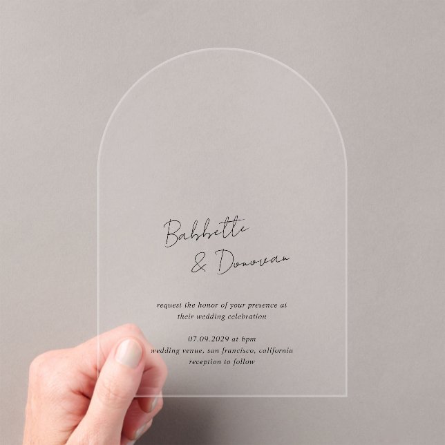 Modern Black and White Minimalist Wedding Acrylic Invitations (Insitu (Handheld))