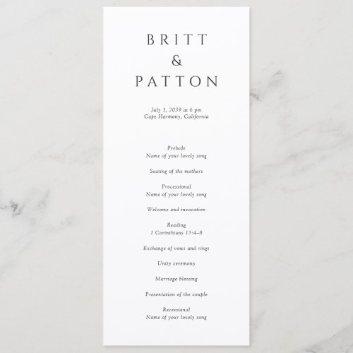 Modern Black and White Minimalist Wedding Program