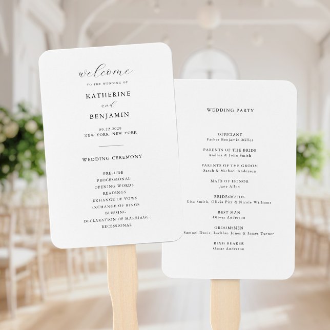 Modern Black and White Minimalist Wedding Program Hand Fan (Creator Uploaded)