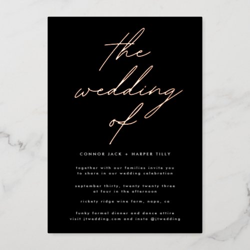 Modern Black and White Modern Wedding Rose GOLD Foil Invitation