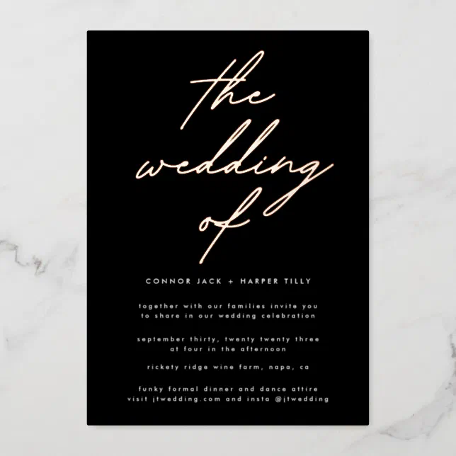 Modern Black and White Modern Wedding Rose GOLD Foil Invitation | Zazzle