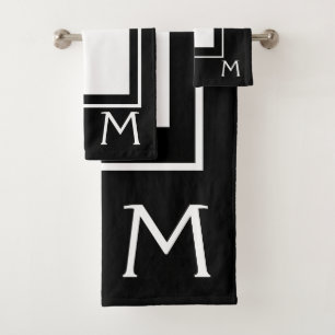 Modern Black and White Monogram Bath Towel Set