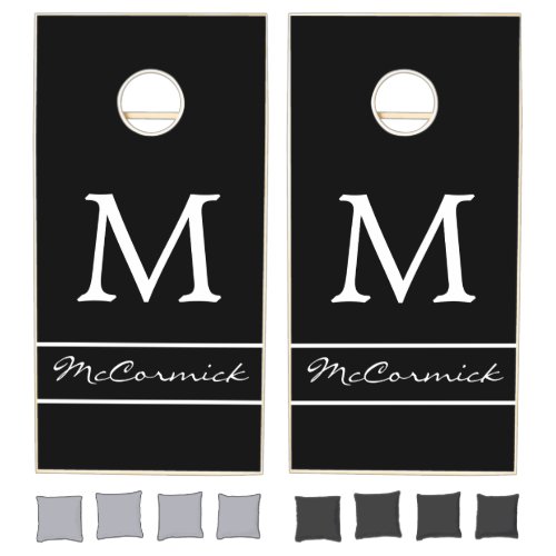 Modern Black And White Monogram Family Name Custom Cornhole Set