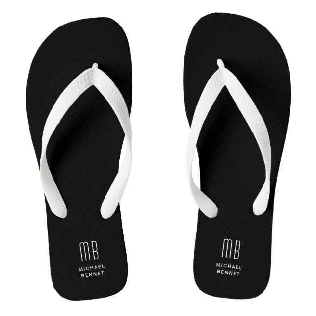Modern Black And White Monogram  Flip Flops (Footbed)