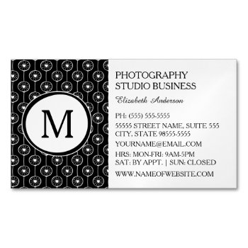 Modern Black And White Monogram Hearts Pattern Business Card Magnet by GirlyBusinessCards at Zazzle