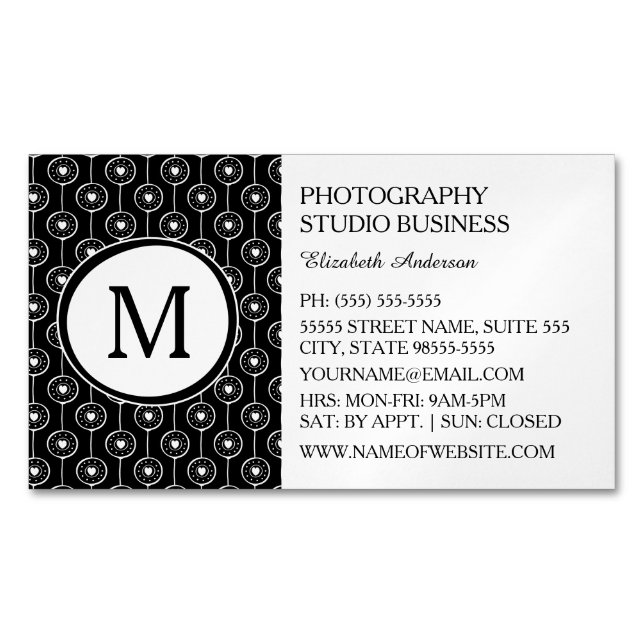 Modern Black and White Monogram Hearts Pattern Business Card Magnet (Front)