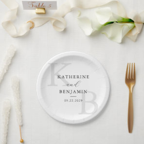 Modern Black and White Monogram Minimalist Wedding Paper Plates