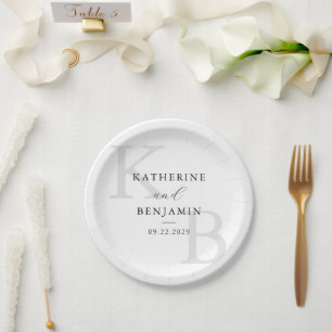 Modern Black and White Monogram Minimalist Wedding Paper Plates
