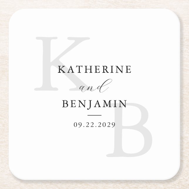 Modern Black and White Monogram Minimalist Wedding Square Paper Coaster (Front)