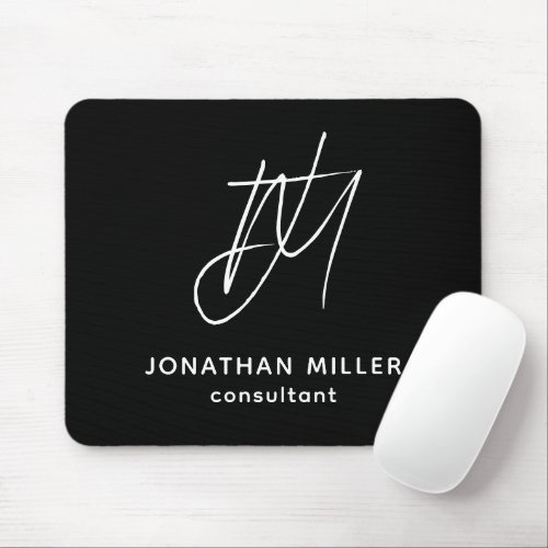 Modern Black and White Monogram Name Title Mouse Pad