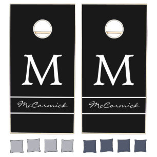 Modern Black and White Monogram Personalized Name Cornhole Set