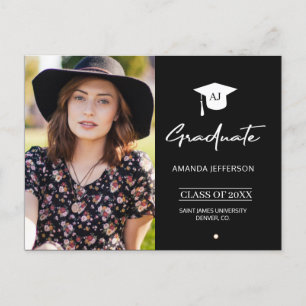 Modern black and white monogram photo graduation announcement postcard