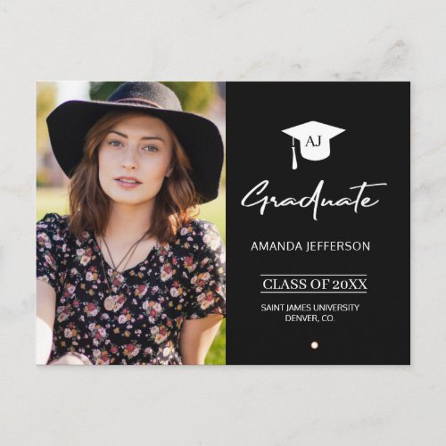 Modern black and white monogram photo graduation postcard