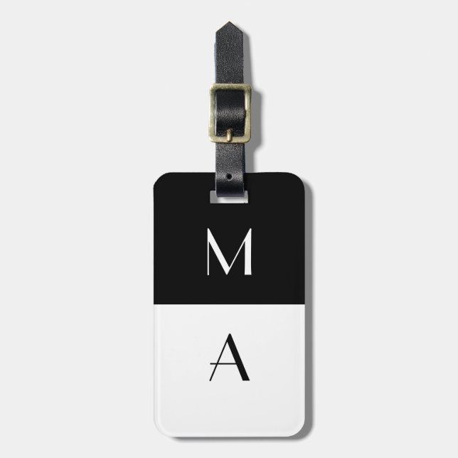Modern Black and White Monogrammed Luggage Tag (Front Vertical)