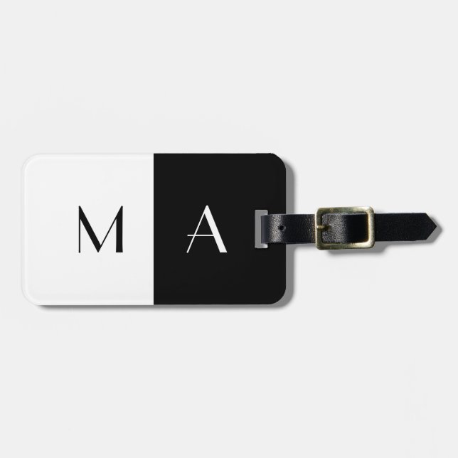 Modern Black and White Monogrammed Luggage Tag (Front Horizontal)