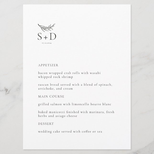 Modern Black and White Monogrammed Wedding Menu (Front)