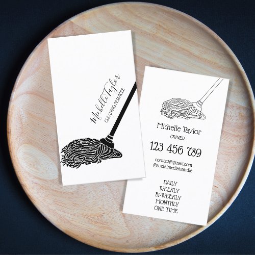 Modern Black and White Mop Cleaning Services Maid Business Card