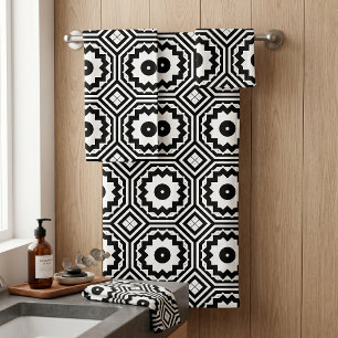 Modern Black and White Moroccan Geometric Pattern Bath Towel Set