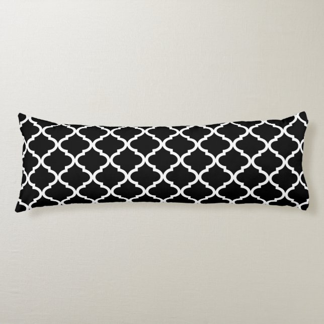Modern Black and White Moroccan Quatrefoil Pattern Body Pillow (Front)