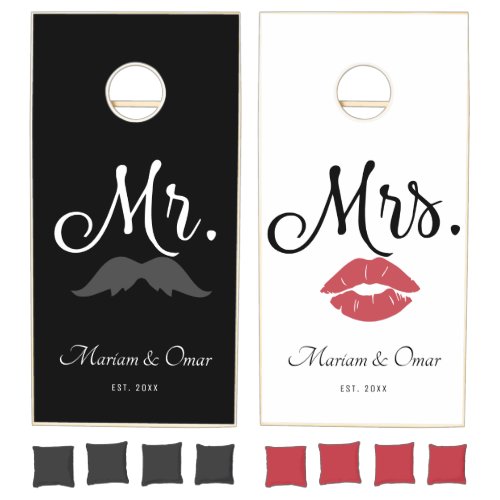 Modern Black and White Mr and Mrs Wedding Monogram Cornhole Set