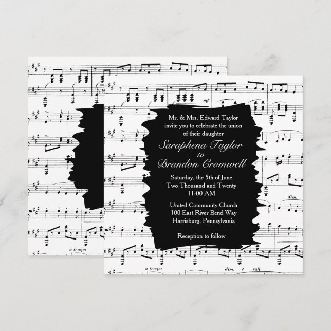 Modern Black and White Music Wedding Invitation (Front/Back)