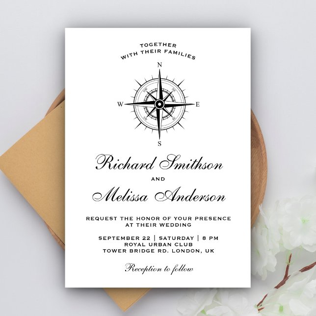 Modern Black and White Nautical Compass Wedding Invitation (Creator Uploaded)