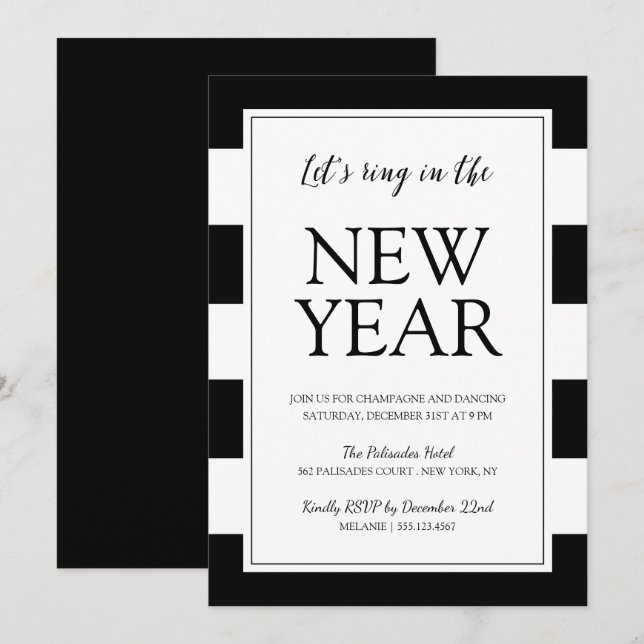 Modern Black and White New Year's Eve Party Invite (Front/Back)