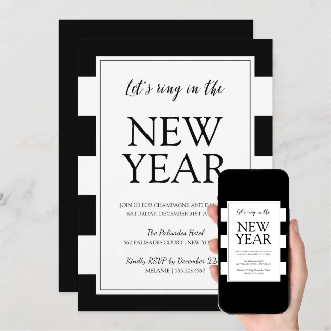 Modern Black and White New Year's Eve Party Invite Zazzle