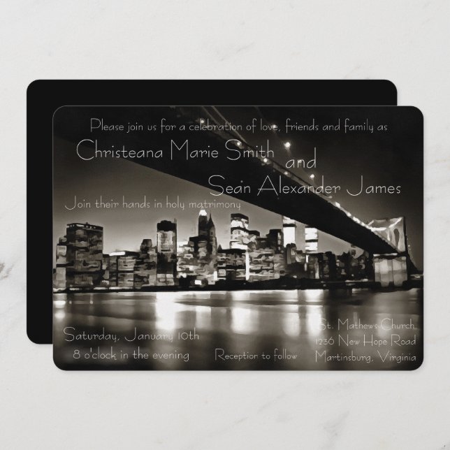 Modern Black and White New York at Night Invitation (Front/Back)
