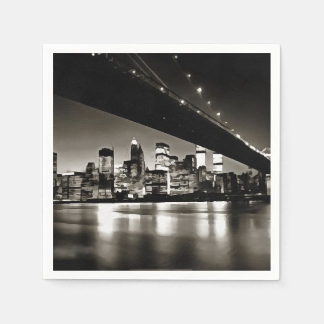 Modern Black and White New York at Night Napkins (Front)