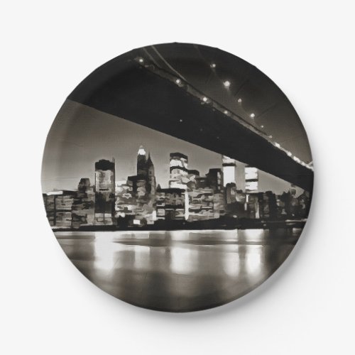 Modern Black and White New York at Night Paper Plates