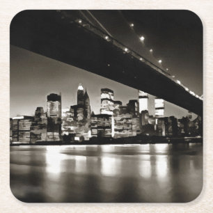 Modern Black and White New York at Night Square Paper Coaster