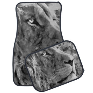 Modern black and white oil painting of king lion, car floor mat