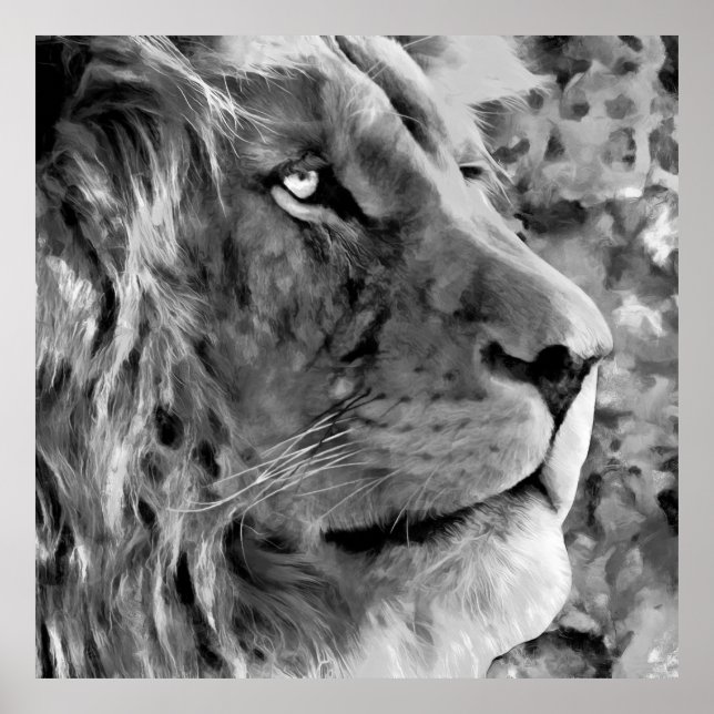 Modern black and white oil painting of king lion,  poster (Front)