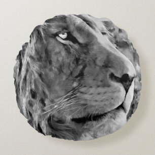 Modern black and white oil painting of king lion, round pillow