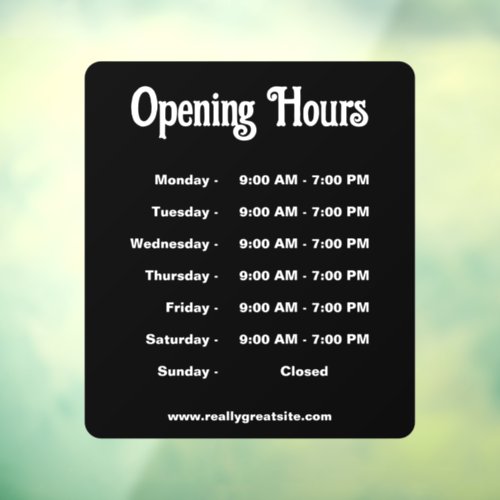 Modern Black and White Open Hours Time  Window Cling